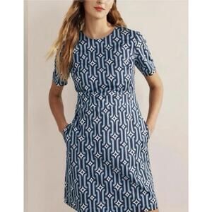 Boden dress 14 blue printed geometric cotton shift office business career preppy